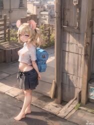 ai_generated backpack barefoot black_skirt blonde_hair blue_eyes breasts city erect_nipples mammal mammal_humanoid medium_breasts mouse mouse_ears murid nipples ponytail rodent see-through_clothing skirt sklimaa street t-shirt translucent_clothing white_shirt