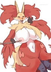 anthro areola big_breasts black_body black_fur breasts canid canine delphox female fur generation_6_pokemon genitals hi_res huge_breasts huge_hips huge_thighs inner_ear_fluff lemonbizate_(artist) mammal multicolored_body multicolored_fur nintendo nipples pink_areola pink_nipples pokemon pokemon_(species) red_body red_eyes red_fur simple_background solo standing thick_thighs tuft white_body white_fur wide_hips yellow_body yellow_fur