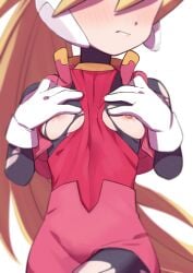 blonde_hair blush breasts ciel_(mega_man) gloves mega_man mega_man_zero morisobo nipples small_breasts torn_bodysuit torn_clothes