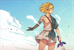 1girls archaic_tunic blonde_hair breast casual clothing female humanoid hylian link_(cosplay) nipple one_breast_out pale_skin princess_zelda sath_x short_hair tears_of_the_kingdom the_legend_of_zelda weapon zelda_(tears_of_the_kingdom) zelda_protagonista