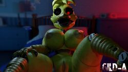 3d_(artwork) animatronic anthro avian bed breasts digital_media_(artwork) female five_nights_at_freddy's five_nights_at_freddy's_4 furniture genitals gild-a hi_res looking_at_viewer machine nightmare_chica nightmare_chica_(fnaf) nipples pussy robot scottgames sharp_teeth solo teeth