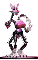 3d_(artwork) animatronic breasts canid clothing digital_media_(artwork) exposed_endoskeleton female five_nights_at_freddy's five_nights_at_freddy's_2 genitals gesture gild-a hi_res looking_at_viewer machine mammal mangle_(fnaf) mangled mangled_mangle_(fnaf) pussy robot scottgames simple_background solo v_sign white_background