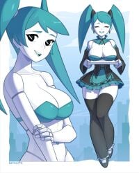 1girls aged_up big_breasts black_eyes blue_bra blue_hair blue_theme bra breasts clothed jenny_wakeman maid maid_uniform my_life_as_a_teenage_robot nickelodeon pigtails robot satelyte thighhighs white_skin xj-9