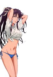 1girls arms_behind_head big_breasts bikini breasts busty female female_only hair_ribbon highres kanzaki_kaori large_breasts legs long_hair midriff navel official_art open_mouth ponytail pose posing purple_eyes purple_hair ribbon seductive seductive_smile sensual shirt smile solo sweat swimsuit thighs tied_shirt to_aru_majutsu_no_index very_long_hair voluptuous