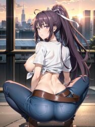 1girls ai_generated ass big_ass big_breasts blush bubble_butt busty butt_crack fat_ass hair_ribbon hi_res jeans kanzaki_kaori legs looking_at_viewer looking_back midriff nipples pants ponytail pose posing purple_eyes purple_hair sensual sideboob squatting thighs tied_shirt to_aru_majutsu_no_index very_long_hair