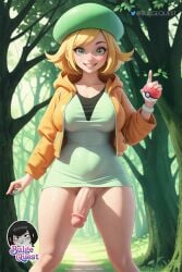 2023 ai_generated artist_name bianca_(pokemon) blonde_hair bulge_quest dress futa futa_only futanari game_freak green_eyes holding_pokéball hooded_jacket looking_at_viewer medium_breasts outdoor penis pokeball pokemon pokemon_bw twitter_logo twitter_username unzipped_jacket