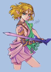 1girls archaic_tunic blonde_hair breast casual clothing female humanoid hylian nipple one_breast_out pale_skin princess_zelda rinyuu_nsfw short_hair tears_of_the_kingdom the_legend_of_zelda weapon zelda_(tears_of_the_kingdom) zelda_protagonista