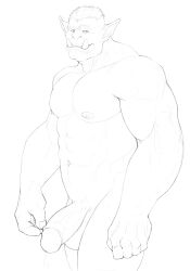 balls islate_(artist) looking_at_viewer male male_only monochrome muscular navel nipples orc orc_male penis precum precum_drip semi-erect solo