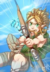 1girls archaic_tunic blonde_hair breast casual clothing female humanoid hylian kidonsfw link_(cosplay) nipple one_breast_out pale_skin princess_zelda short_hair tears_of_the_kingdom the_legend_of_zelda weapon zelda_(tears_of_the_kingdom) zelda_protagonista