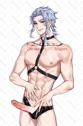 1boy abs black_male_swimwear blue_hair cum_on_penis dottore_(genshin_impact) forehead genshin_impact highres long_hair male male_only male_swimwear muscular muscular_male nipples penis red_eyes rourouki sharp_teeth smile solo teeth topless_male