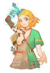 1girls archaic_tunic blonde_hair breast casual clothing female link_(cosplay) nipple one_breast_out princess_zelda short_hair tears_of_the_kingdom the_legend_of_zelda weapon zelda_(tears_of_the_kingdom) zelda_protagonista