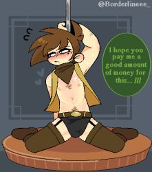 blush borderlineee brown_hair bulge bulge_through_clothing cowboy cowboy_boots dialogue edd_(eddsworld) eddsworld half-dressed heterochromia male male_only pale_skin pole pole_dancing sweat sweating