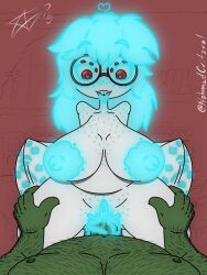 <3_eyes anthro big_breasts blue_hair body_hair breasts buckteeth chest_hair cryptid duo eyewear female first_person_view freckles genitals glasses glowing glowing_genitalia glowing_hair glowing_nipples glowing_tongue hair hairy heart herm hi_res humanoid intersex light-skinned_female light_skin male male/female monster monster_girl_(genre) multi_eye nipples nohmad orc orc_male raptorial_arms red_eyes riding sagging_breasts slightly_chubby teeth tongue white_body white_skin