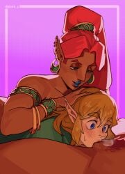 1boy 2girls bisexual breath_of_the_wild brown_skin cunnilingus dark-skinned_female femdom gekk_0 gerudo group_sex link nintendo oral pointy_ears red_hair tears_of_the_kingdom the_legend_of_zelda