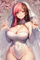 1girls ai_generated big_breasts bride brown_eyes brown_hair busty cleavage double_v female grin heterochromia implied_marriage large_breasts neo_(rwby) pink_eyes pink_hair pose posing red_laser rwby smile two_tone_hair v wedding_dress wedding_veil