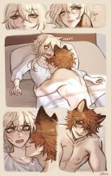 1boy 1girls animal_ears arm_around_partner blonde_female blonde_hair blue_eyes childe_(genshin_impact) english_text face_on_chest female fox_boy fox_ears genshin_impact ginger hugging lumine_(genshin_impact) male male/female nomi_owo nuzzling shirtless short_hair_with_long_locks sleeping straight surprised tartaglia_(genshin_impact) text wholesome yellow_eyes