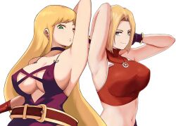 2girls arm_behind_head armpits arms_behind_head artist_request belt big_breasts blonde_hair blowing_kiss blue_eyes blue_mary bonne_jenet breasts busty choker cleavage confident dress fatal_fury garou:_mark_of_the_wolves green_eyes highres king_of_fighters king_of_fighters_xv large_breasts long_hair looking_at_viewer midriff multiple_girls navel pose posing puckered_lips purple_dress seductive_smile sensual sexy_armpits short_hair sideboob smile snk source_request voluptuous