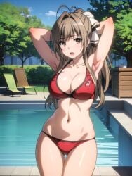 1girls ai_generated amagi_brilliant_park armpits arms_behind_head big_breasts bikini brown_hair busty cleavage female female_only hi_res large_breasts legs navel open_mouth pink_hair ponytail pool pose posing purple_eyes red_bikini sensual sento_isuzu sexy_armpits solo swimsuit thighs water