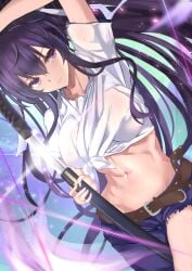 1girls arm_up big_breasts breasts busty curvy denim female female_only jeans kanzaki_kaori kesoshirou large_breasts legs long_hair midriff navel pants purple_eyes purple_hair shirt solo sword thighs tied_shirt to_aru_majutsu_no_index toned very_long_hair voluptuous weapon