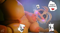 3d 3d_(artwork) alternate_version_available areolae big_areola big_breasts blush breasts dark-skinned_male dialogue dialogue_box five_nights_at_freddy's five_nights_at_freddy's_2 huge_breasts nipple_piercing nipples penetration scottgames tenshi_ai text text_bubble thick_thighs toy_chica_(fnaf) voluptuous wide_hips