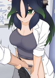 1boy 1girls black_hair blush breasts eyebags female fingering guided_crotch_grab guided_fingering huge_breasts kako_(kemono_friends) kemono_friends long_hair no_panties ollie_(ollie_stratos) scientist standing vagina