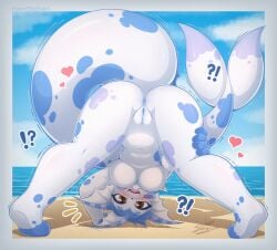 ?! anthro anus areola beach beau_(vaporwaveon) blue_anus blue_areola blue_pussy blush breasts brown_eyes clothing eeveelution female fin frill_(anatomy) generation_1_pokemon genitals head_fin heart hi_ref hi_res jack-o'_pose leg_grab looking_at_viewer looking_back navel nintendo nipples noxseban nude pokemon pokemon_(species) pose pussy seaside shocked solo swimwear thick_thighs thigh_grab vaporeon white_body