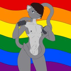 absurd_res animal_genitalia anthro balls bite_mark_on_neck bite_mark_on_shoulder caxy caxy_creations david_seltz fully_sheathed genitals hi_res hybrid lgbt_pride long_tail male male_only nipples nude pride_color_background pride_colors scar sheath simple_background smile solo tail