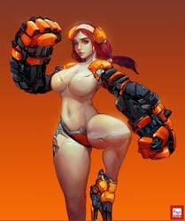 1girls blue_eyes breasts dzung_phung_dinh large_breasts looking_at_viewer mechanical_arms red_hair robot_girl simple_background thick_thighs thighs tummy