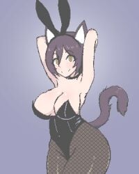 1girls armpits arms_up black_hair breasts breasts bunny_ears bunnysuit cat_ears cat_tail catgirl choker dark_hair feline female female_focus female_only green_eyes hand_on_head hands_up medium_breasts medium_hair mia_(saltdrawyou) original saltdrawyou textless