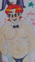 1boy alternate_version_available bunny_boy bunny_ears doomverse jerry_(doomverse) lazybrany male male_focus male_nipples male_only manboobs muscular_male pectorals red_hair solo sunglasses youtube youtube_avatar youtube_hispanic youtuber