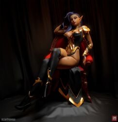 1girls 3d 3d_(artwork) breasts clothing dark_skinned_female dzung_phung_dinh elaisha_sorn hips looking_at_viewer medium_breasts pointy_ears purple_hair subverse thick_thighs thighs tummy yellow_eyes