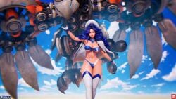 1girls 3d 3d_(artwork) blue_eyes blue_hair breasts dzung_phung_dinh hat hips large_breasts long_hair looking_at_viewer swimsuit thick_thighs thighhighs thighs tummy wide_hips