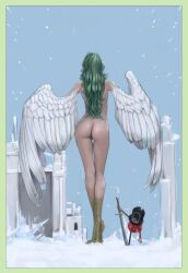 1girls artistic_nude ass back bird_feet bird_legs border completely_nude completely_nude_female doll facing_away feathers female from_behind green_border green_hair harpy male monet_(one_piece) monster_girl nude nude_female nudist one_piece snow standing sword thigh_gap toy toy_soldier toy_soldier_(one_piece) wings youno_senichi