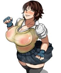 1girls big_breasts breasts brown_eyes brown_hair busty cleavage curvaceous curvy curvy_body curvy_female curvy_figure female huge_breasts kazama_asuka large_breasts mucc nipples nipples_visible_through_clothing one_eye_closed skirt tekken thighhighs tomboy voluptuous