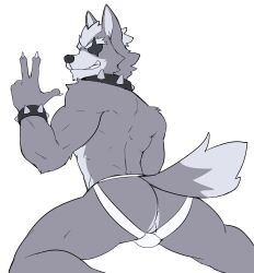 2023 anthro ass canid canine canis clothing collar eye_patch eyewear fox fur grey_body grey_fur hair hi_res jockstrap jrjresq male mammal muscular muscular_anthro muscular_male nintendo simple_background solo star_fox tail underwear wolf wolf_o'donnell