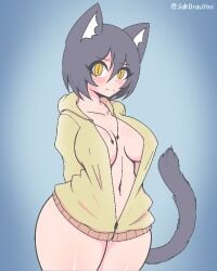 belly black_hair blush blush breasts cat_ears cat_tail catgirl dark_hair green_eyes hoodie hoodie_only medium_breasts mia_(saltdrawyou) nipple_bulge original saltdrawyou shy textless