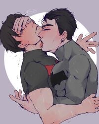 adopted_son bara batcest batman batman_(bruce_wayne) batman_(series) blush bruce_wayne brujay cicicatori dc dc_comics father_and_son gay head_back head_forced_back jason_todd licking_neck licking_throat male male/male male_only no_sex questionable_consent red_hood_(dc) surprise surprised tears_in_eyes trying_to_break_free