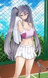 art_libi azur_lane bangs bare_shoulders blue_eyes cleavage female grey_hair intrepid_(azur_lane) large_breasts long_hair midriff mole_on_breast open_mouth sidelocks skirt sports_bra tennis_court tennis_racket tennis_uniform thighs towel_on_shoulder two_side_up