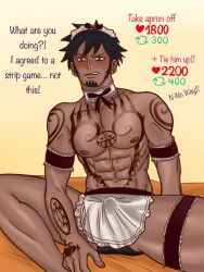 1boy armbands black_hair blush bulge chest_tattoo earrings embarrassed english_text erection_under_clothes facial_hair garter goatee human_artist maid_outfit male male_only muscular muscular_male no_ai one_piece piercings sideburns simple_background solo strip_game tan_skin tattoo tattooed_arm tattoos text trafalgar_law waist_apron