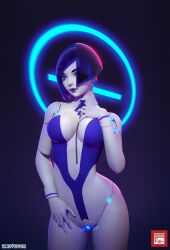 1girls 3d 3d_(artwork) black_hair blue_eyes breasts demi_(subverse) dzung_phung_dinh hips large_breasts medium_hair official_art robot_girl subverse thick_thighs thighs