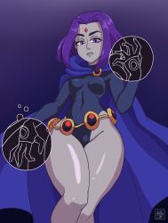 1girls below_view belt breasts cape clothing dc dc_comics deathzera female female_only goth grey_skin hi_res human leotard looking_at_viewer outerwear pale-skinned_female pale_skin purple_eyes purple_hair rachel_roth raven_(dc) short_hair small_breasts solo teen_titans thick_thighs wide_hips