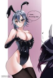 2023 2girls arlecchino_(genshin_impact) arm_gloves blush breasts_grab bunny_ears bunnysuit cleavage columbina_(genshin_impact) dialogue english_text female female_only genshin_impact grabbing_own_breasts hi_res looking_at_viewer morineko speech_bubble stockings thick_thighs thigh_squish white_hair wide_hips