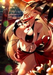 bikini blonde_hair breasts cleavage cluseller fangs gloves huge_breasts jewelry long_hair lucretia_(doctor_masube) open_mouth outdoors pendant red_eyes smile solo sunset vampire watermark