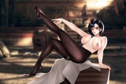 1girls 2023 ada_wong ada_wong_(adriana) areolae artist_name black_hair blurry_background breasts capcom female female_only hi_res leaning_on_hand leg_up looking_at_viewer medium_hair morineko nipples nude nude_female orange_eyes pantyhose resident_evil resident_evil_4 resident_evil_4_remake sitting smiling smiling_at_viewer solo thick_thighs