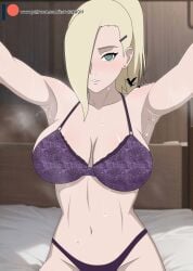 1girls agung911 armpits bed big_breasts blonde_hair blue_eyes boruto:_naruto_next_generations bra breasts cleavage earrings hair_over_one_eye ino_yamanaka light-skinned_female light_skin midriff naruto naruto_(series) on_bed pale-skinned_female pale_skin panties selfie sitting sitting_on_bed smile solo solo_focus steam steaming_body sweat sweaty sweaty_body tied_hair underwear upper_body voluptuous wet wet_body white_skin