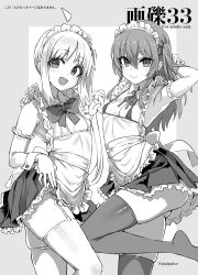 2girls :d ahoge apron armpits asanagi bikini bikini_top_only black_socks bocchi_the_rock! bow bowtie breasts female female_only garter_straps highres holding_hands ijichi_nijika kita_ikuyo long_hair looking_at_viewer maid_apron maid_headdress monochrome multiple_girls neck_ribbon ribbon small_breasts smile socks swimsuit thigh_socks thighhighs white_socks