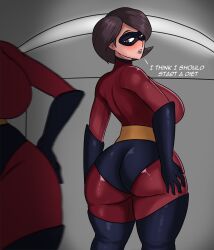 1girls ass ass_focus ass_grab big_ass big_breasts big_butt canonical_scene clothed clothed_female clothing dat_ass disney domino_mask elastigirl elastigirl_ass_redraw escriba fat_ass female female_only fully_clothed fully_clothed_female helen's_ass_check helen_parr light-skinned_female light_skin mask mature_female milf mirror pixar solo solo_female straight_hair the_incredibles thick_ass thick_thighs wide_hips