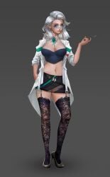 blue_eyes breasts cleavage clothing concept_art dzung_phung_dinh glasses hips holding_object large_breasts lily_(subverse) long_hair looking_at_viewer official_art simple_background subverse thick_thighs thighhighs thighs tummy white_hair