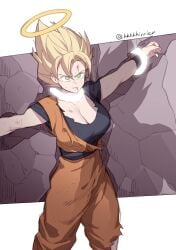 battle battle_damage big_breasts damaged_clothes dragon_ball dragon_ball_super dragon_ball_z female female_focus female_goku female_only fight green_eyes kkkkkirrier majin_vegeta rule_63 son_goku super_saiyan super_saiyan_2 vegeta