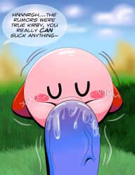 absurd_res big_dom_small_sub big_penis bodily_fluids cartoony closed_eyes dialogue dominant duo genitals hi_res huge_cock hyper hyper_genitalia hyper_penis king_dedede kirby kirby_(series) male nintendo oral outdoor_sex penis saliva size_difference sucking tepigfan101